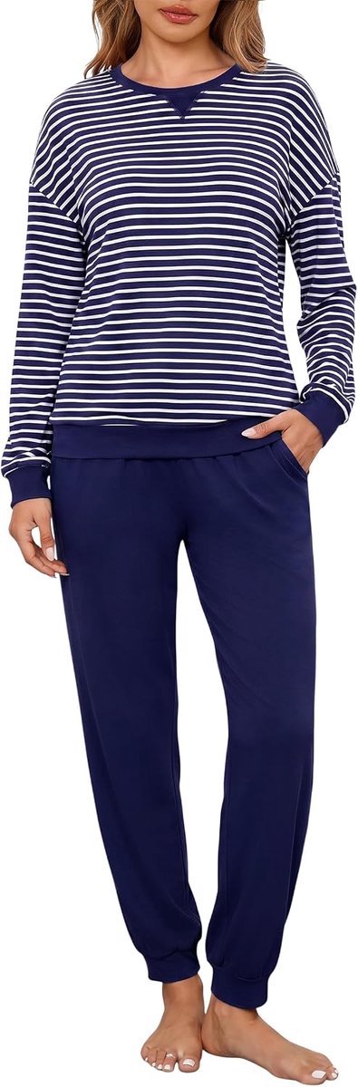 Gestreepte Lange Mouwen Pyjama Set Ronde Hals Pjs Met