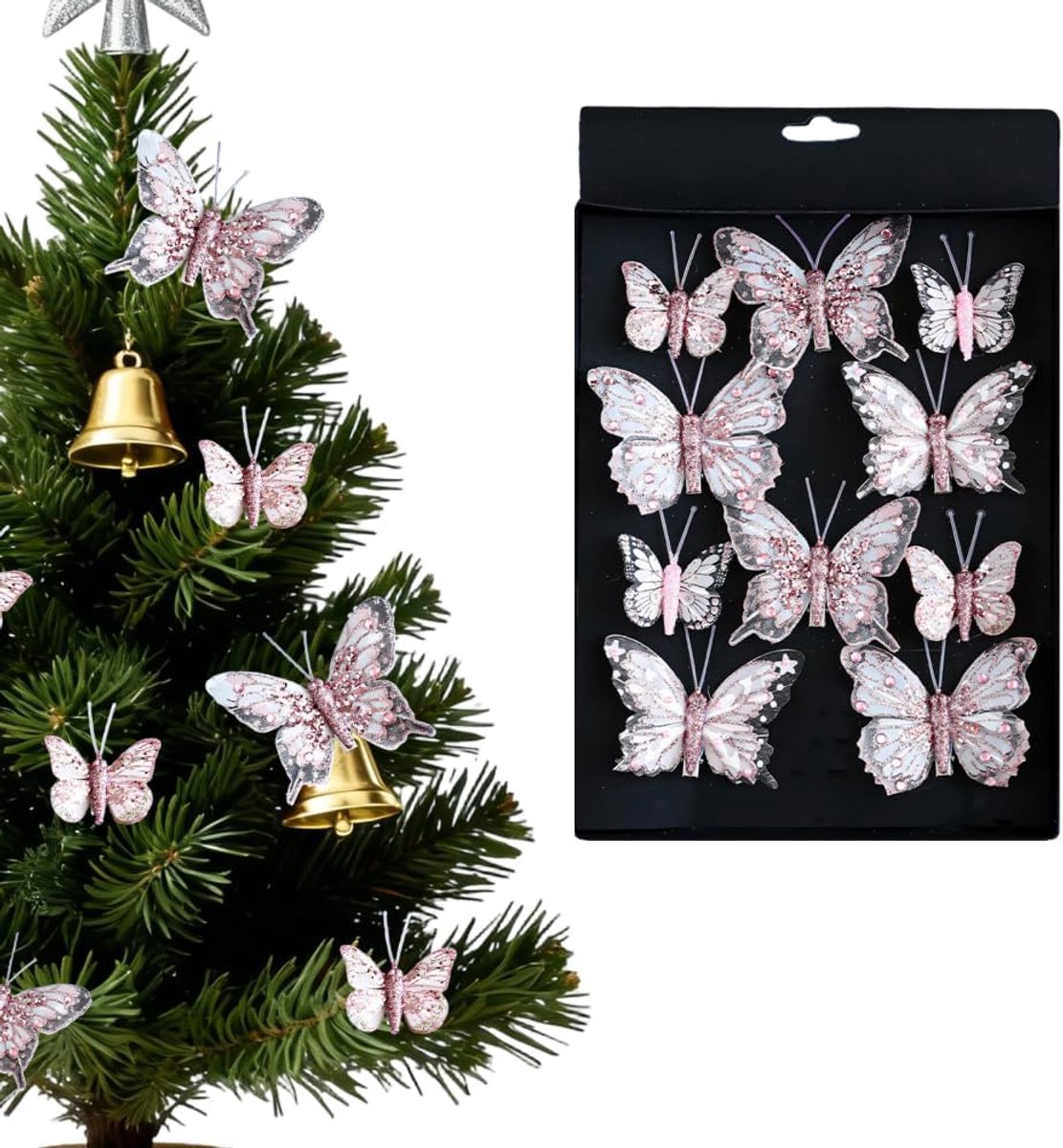 3D Glitter Vlinder Ornamenten, 10 STKS Kerstboom Clip-On Decoratie, Kunstmatige Opknoping Vlinder met Clips Zelfklevende Dot voor Bruiloft Krans DIY Craft Party Supply