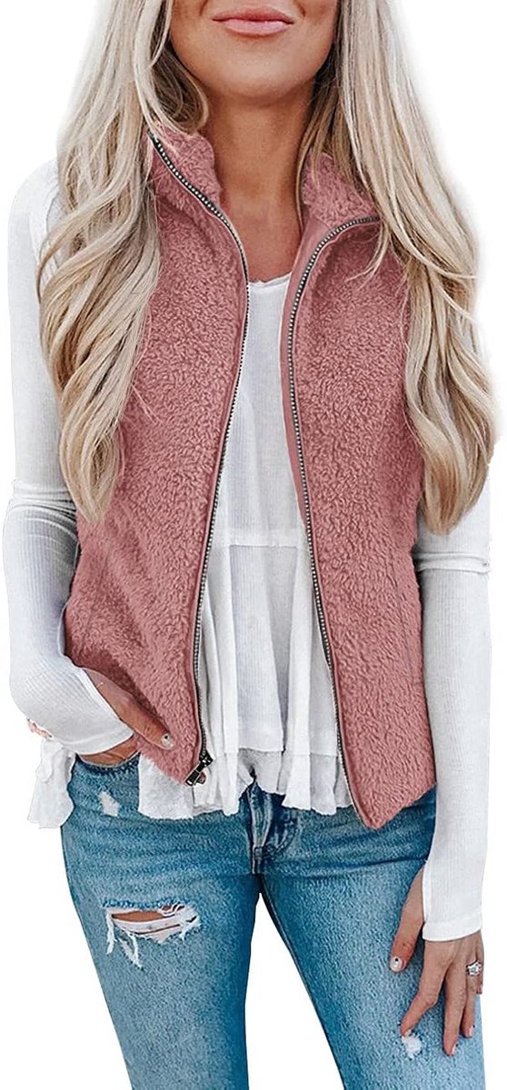 Teddyfleece gilet voor dames, effen bodywarmer, behaaglijke lichte gilets, mouwloos, staande kraag, rits en zakken