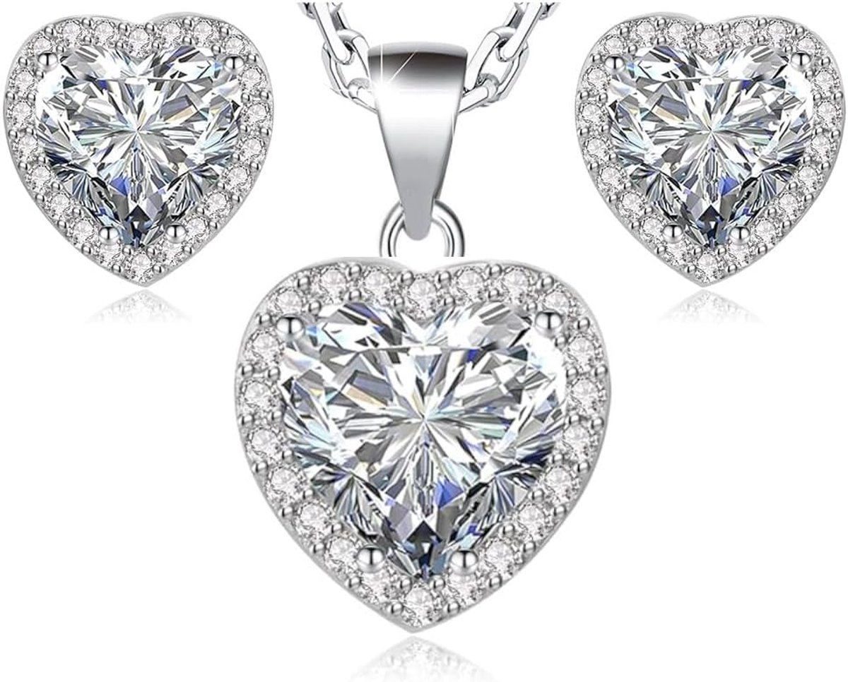 Azuria Dames 18 kt Witgoud Verguld Harts Zirkonia Kristallen Set Hart Hanger Ketting 45 cm Oorknopjes voor Vrouwen en Meisjes