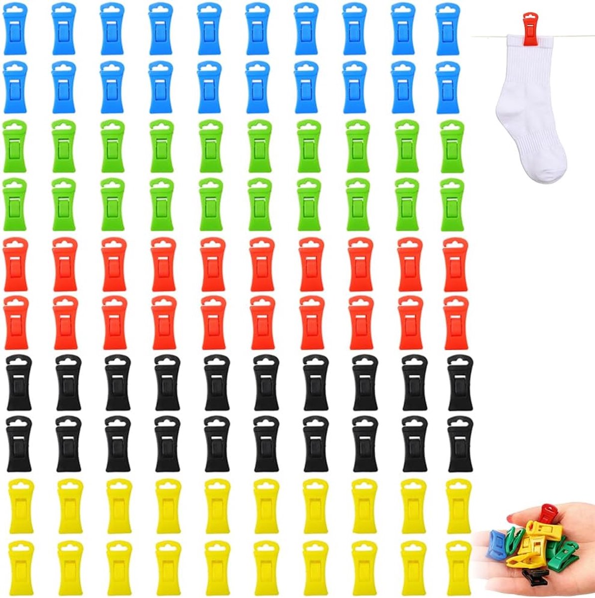 100 stuks sokkenklemmen, antislip sokkenclips met haken voor wasmachine en droger, kleurrijke sokkenhouders voor het sorteren, organiseren en kreukvrij bewaren in laden
