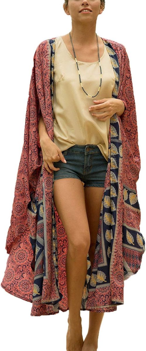 Lange Kimono Maxi Bohemian Jurk Strand Coverup Badjas Grote Maat Lougewear One Size