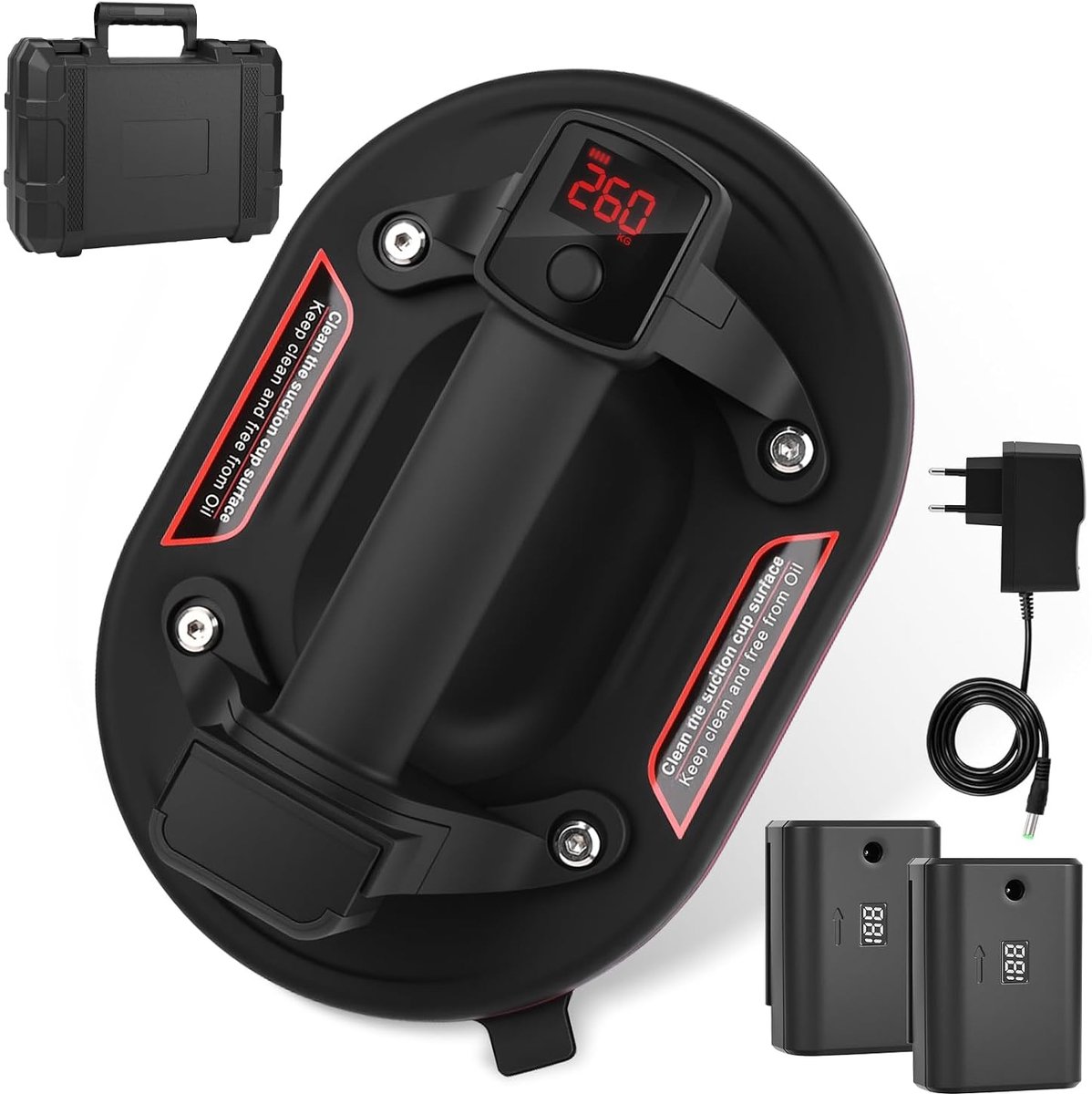 Vacuüm zuignap met een draagvermogen van 260KG met 2 accu's, automatische drukregeling, 168 * 245mm zuignap met LCD-display, heavy duty voor glas, graniet, tegels en werkbladen'