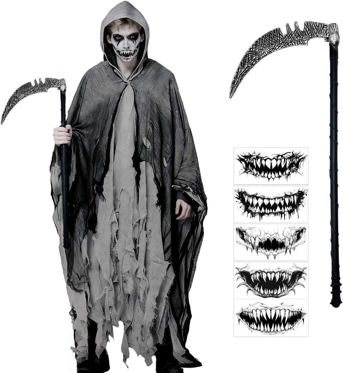 Sensenmann Reaper kostuum voor volwassenen, set met Magere Hein Cape Sense Sticker Grim Reaper kostuum voor Halloween carnaval