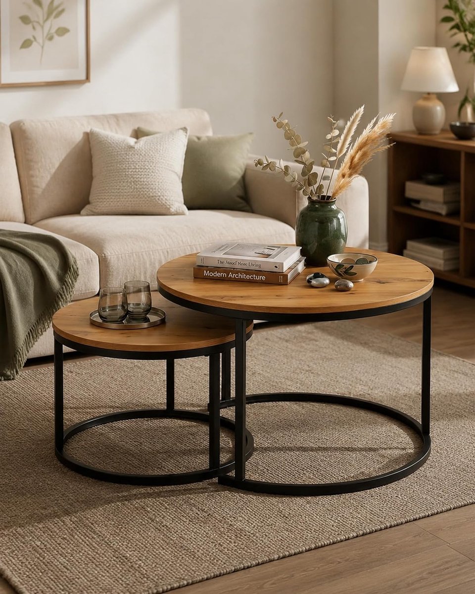 Bijzettafeltje, salontafel rond hout set van 2, salontafel 70 x 70 met natuurlijke houtstructuur, koffietafel met zwart metalen frame