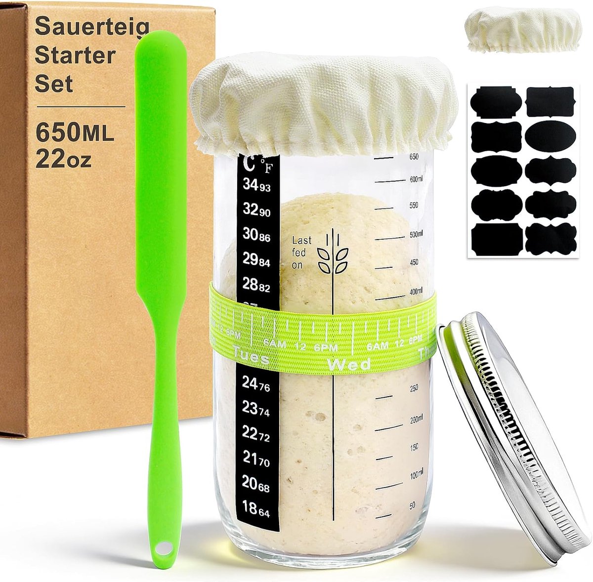 Starterset, 650 ml, zuurdeegglas met siliconen spatel, tafelstickers, broodbakaccessoires, fermenteerglas voor beginners en thuis bakken (groen, standaard, 650 ml)