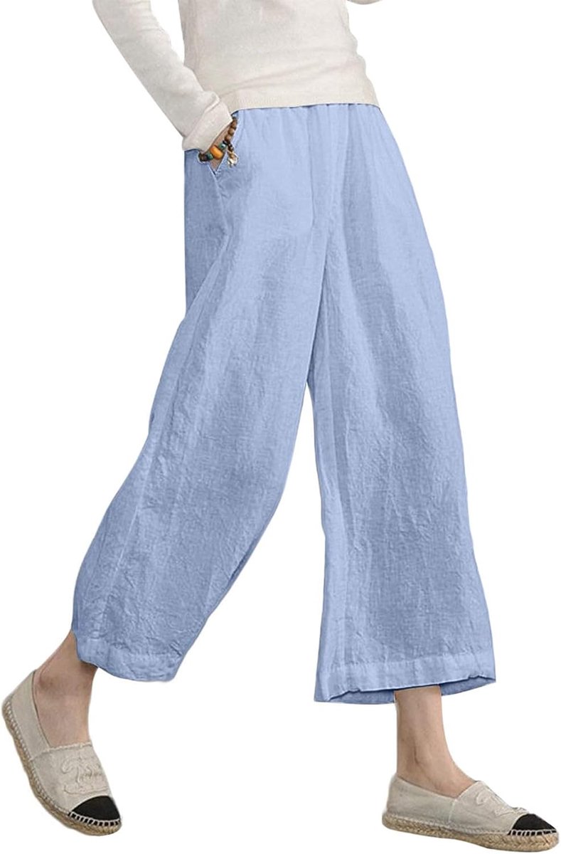 Damesbroek, elastische taille, brede broek, vloeiend, cargobroek, zomer, 7/8, katoen
