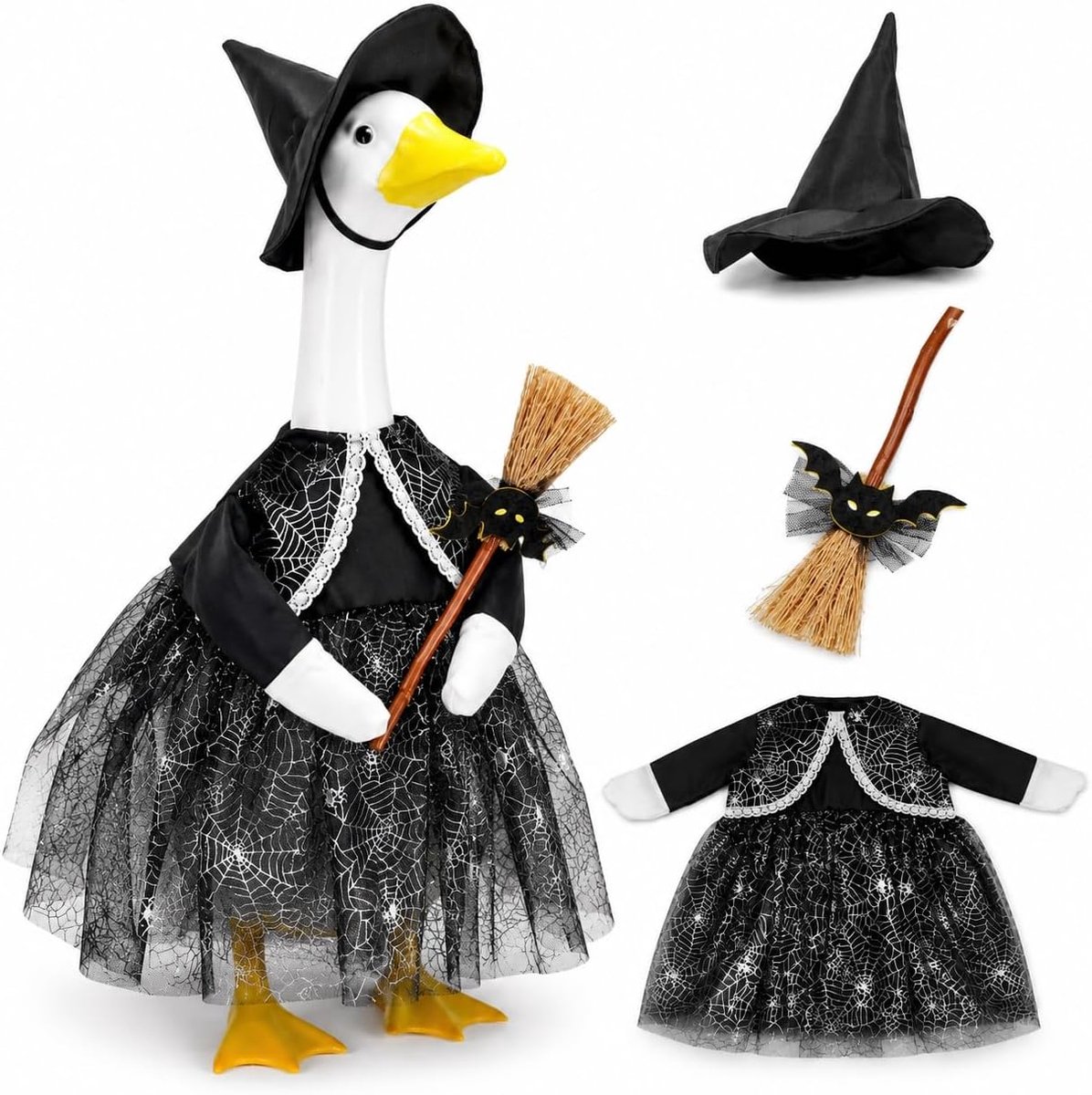 Outfit voor ganzen, Halloween, tuinbeeld, spinnenmotief met hoed