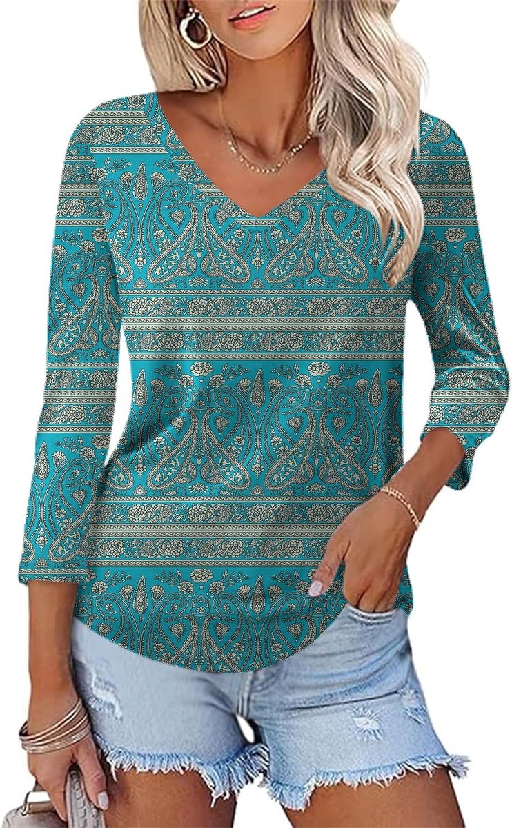 Tops voor dames 3/4 mouwen elegante V-hals bloemen tops zomer 2026 casual blouses