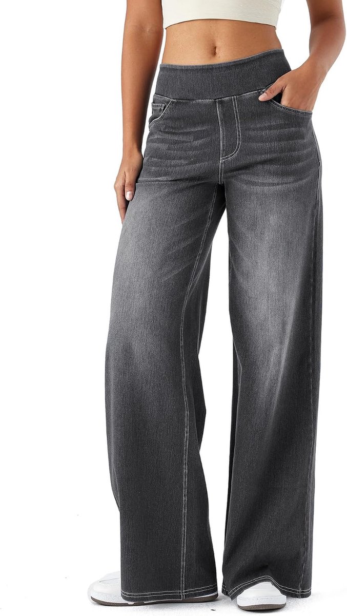 Jeans Broek met Wijde Pijpen,Baggy Denim Broek hoge taille en Meerdere Zakken, Rechte Buis, Losse Pasvorm, Hoge Elasticiteit Casual Vrouwen Jeans Met