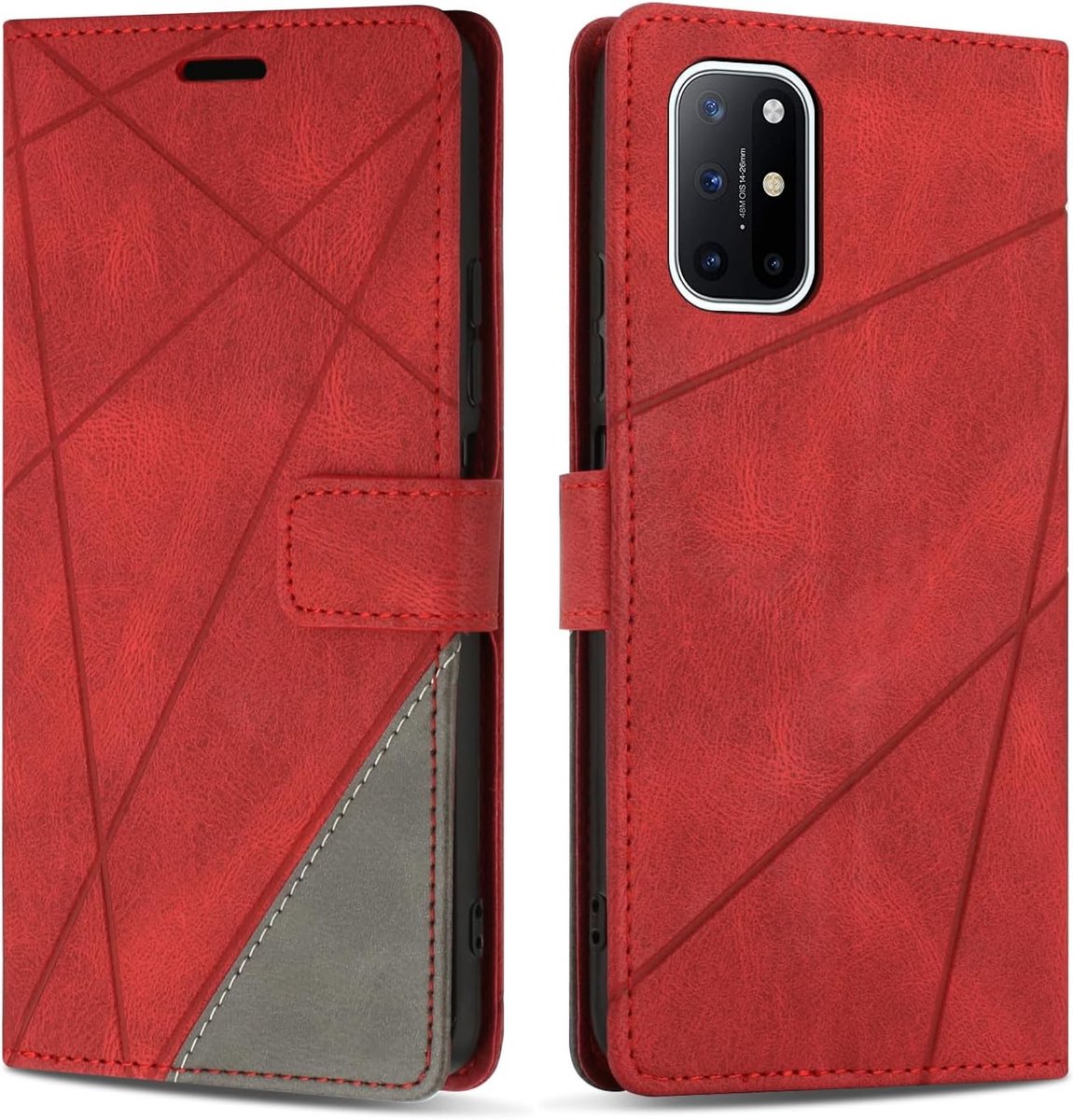 Hoesje voor OnePlus 8T, Premium Lederen Portemonnee Beschermhoes Telefoonhoesjes met Kaartenvakken Beschermhoesje voor OnePlus 8T, Rood