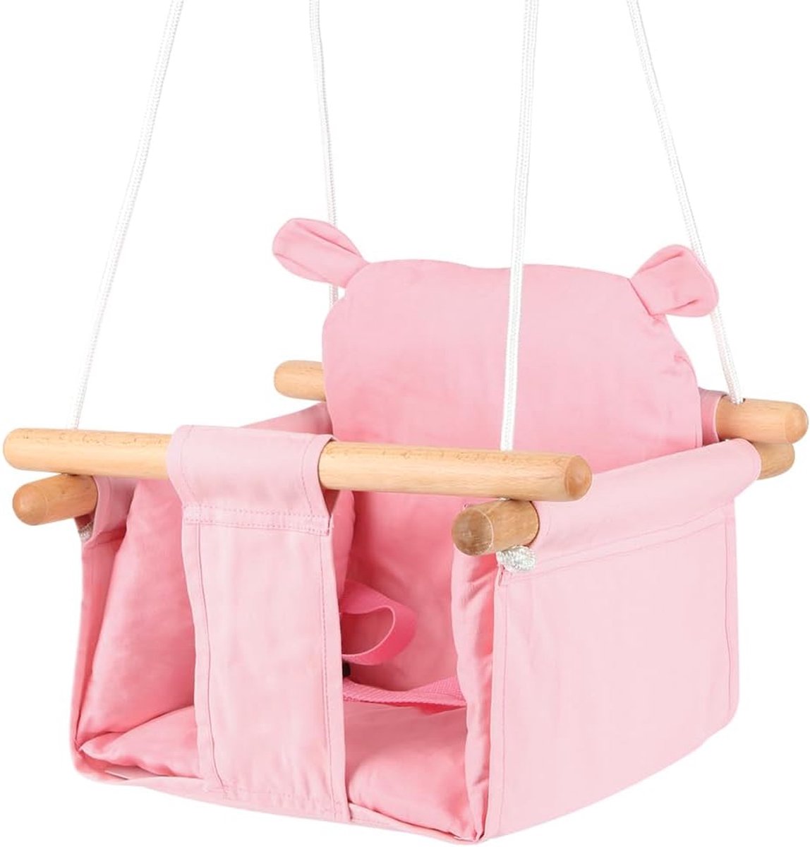 Kinderschommel met veiligheidsgordel, hangschommel, zitting van canvas, frame van massief hout, draagvermogen van 25 kg