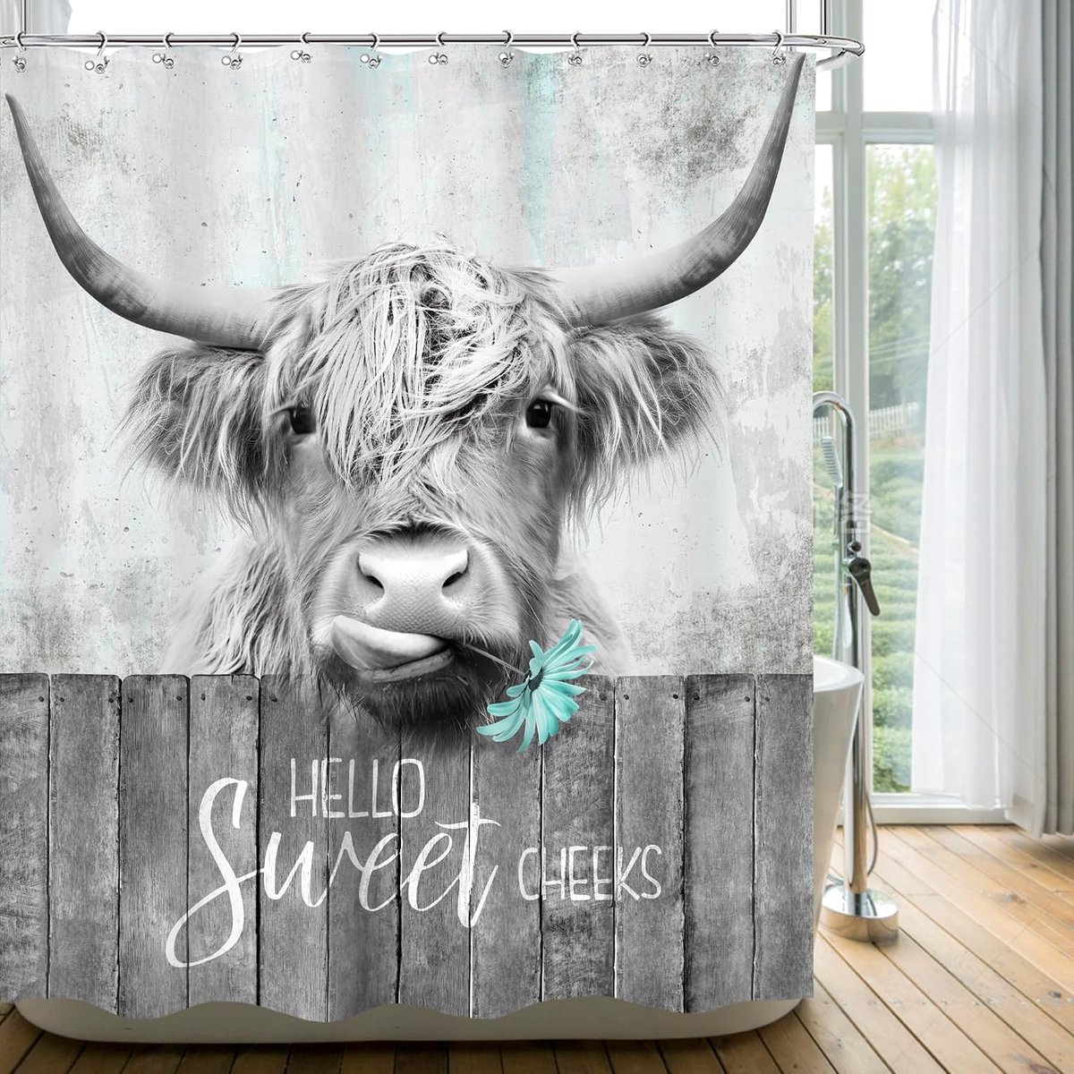 Grijs Hoogland Koe douchegordijn 60 x 72 uur vintage boerderij westerse longhorn stier dier rustiek land badkamer gordijn set houten madeliefje bad gordijn stof badkamer decor met 12