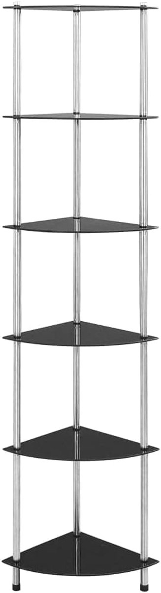 Rek, zwart, 30 x 30 x 160 cm, met 6 planken van gehard glas en roestvrij staal, veelzijdig als woonkamer- of kantoorrek voor decoratie en opslag