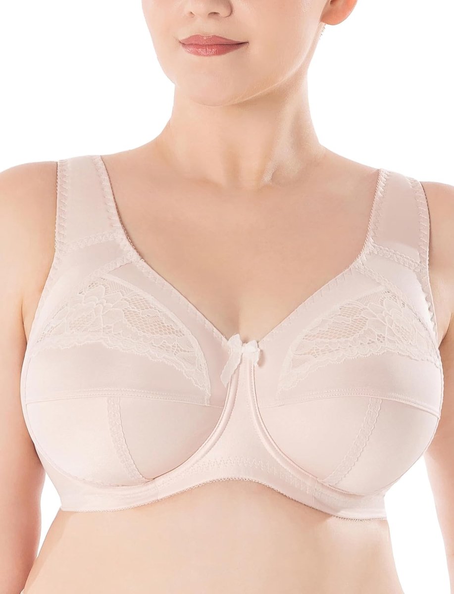 Zachte beha met beugel, met kant, grote maten, brede bandjes, katoen gelamineerd, zachte, stabiele ondersteuning, nude beige, grote borsten, comfortabel