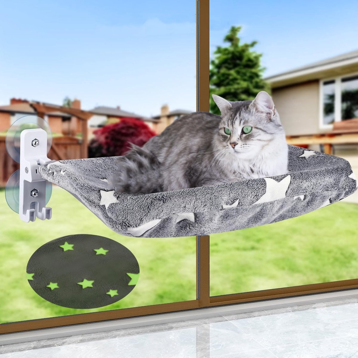 Raamligstoel, opvouwbare raamhangmat voor katten, raambed, 52 cm, raamhangmat voor grote katten tot 40 kg, grijs [gloeiende sterrenpatroon] (grijze sterren, L-52 cm)