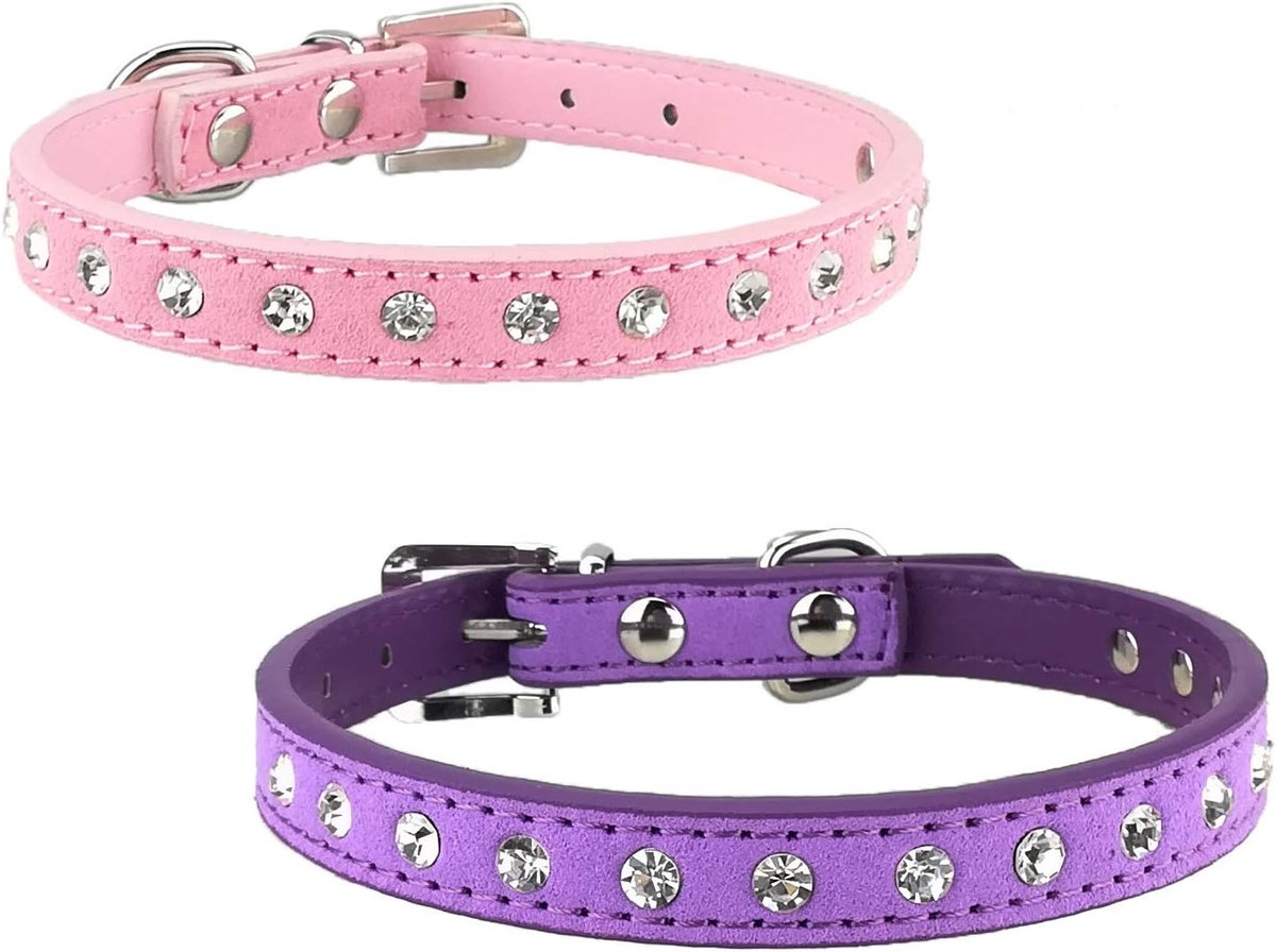 2 stks Hond Kraag Set Bling Zachte Suede Puppy Kraag voor Kleine Honden Katten, S, roze-paars