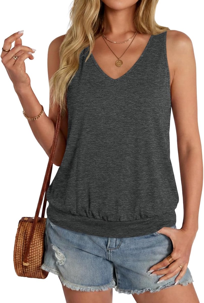 Top voor dames, zomer, mouwloos, tanktop, V-hals, stretch, losse basic tops