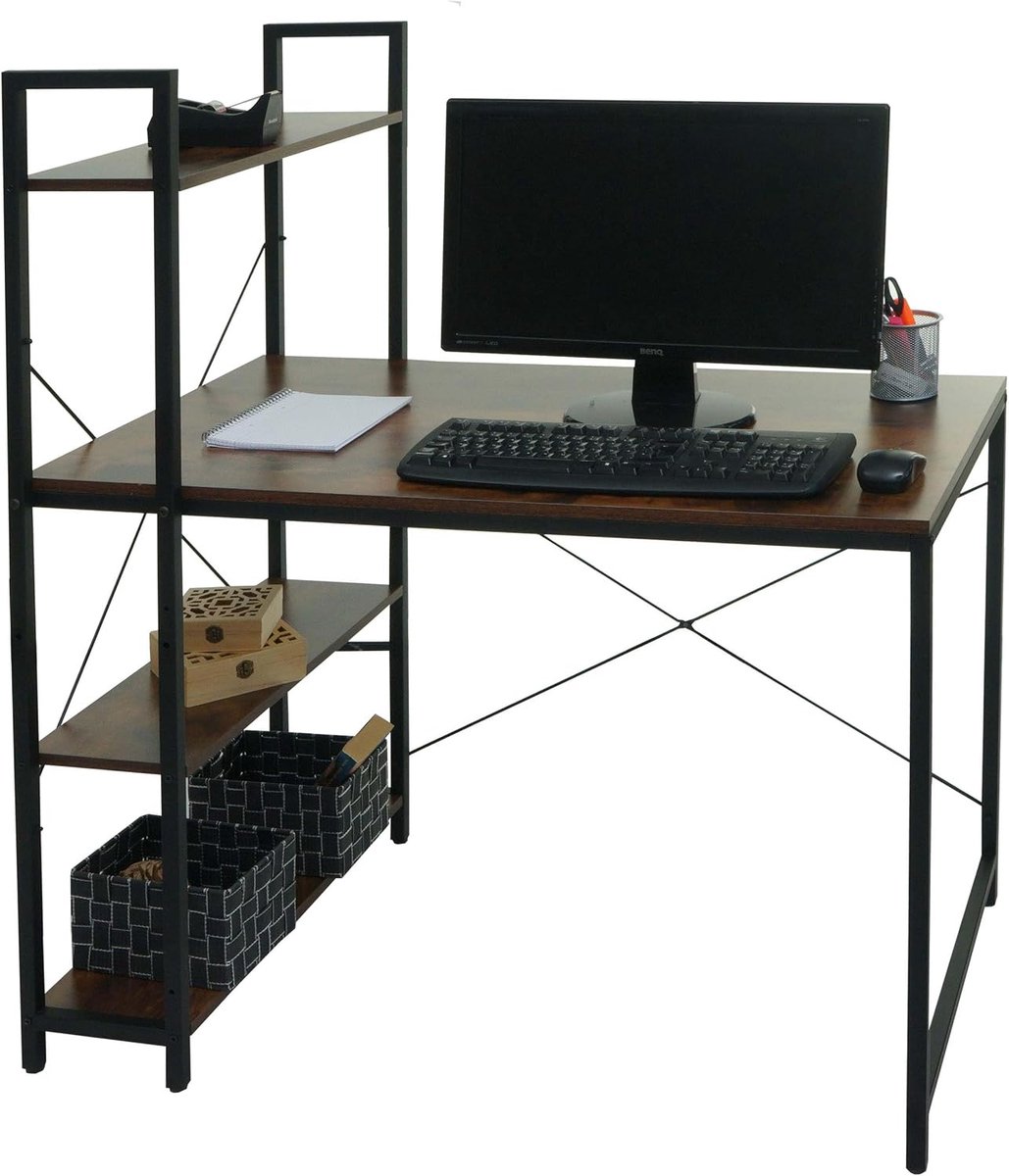 Schrijftafel met Regal HWC-K81, laptoptafel kantoortafel werktafel, 100x60cm Metaal MDF - bruin