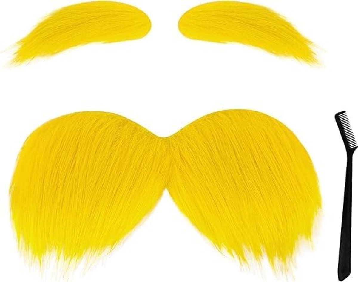 Snor en wenkbrauwset, zelfklevende baard-kostuumaccessoires, gele nepsnor voor carnaval, Halloween en cosplay-feestjes