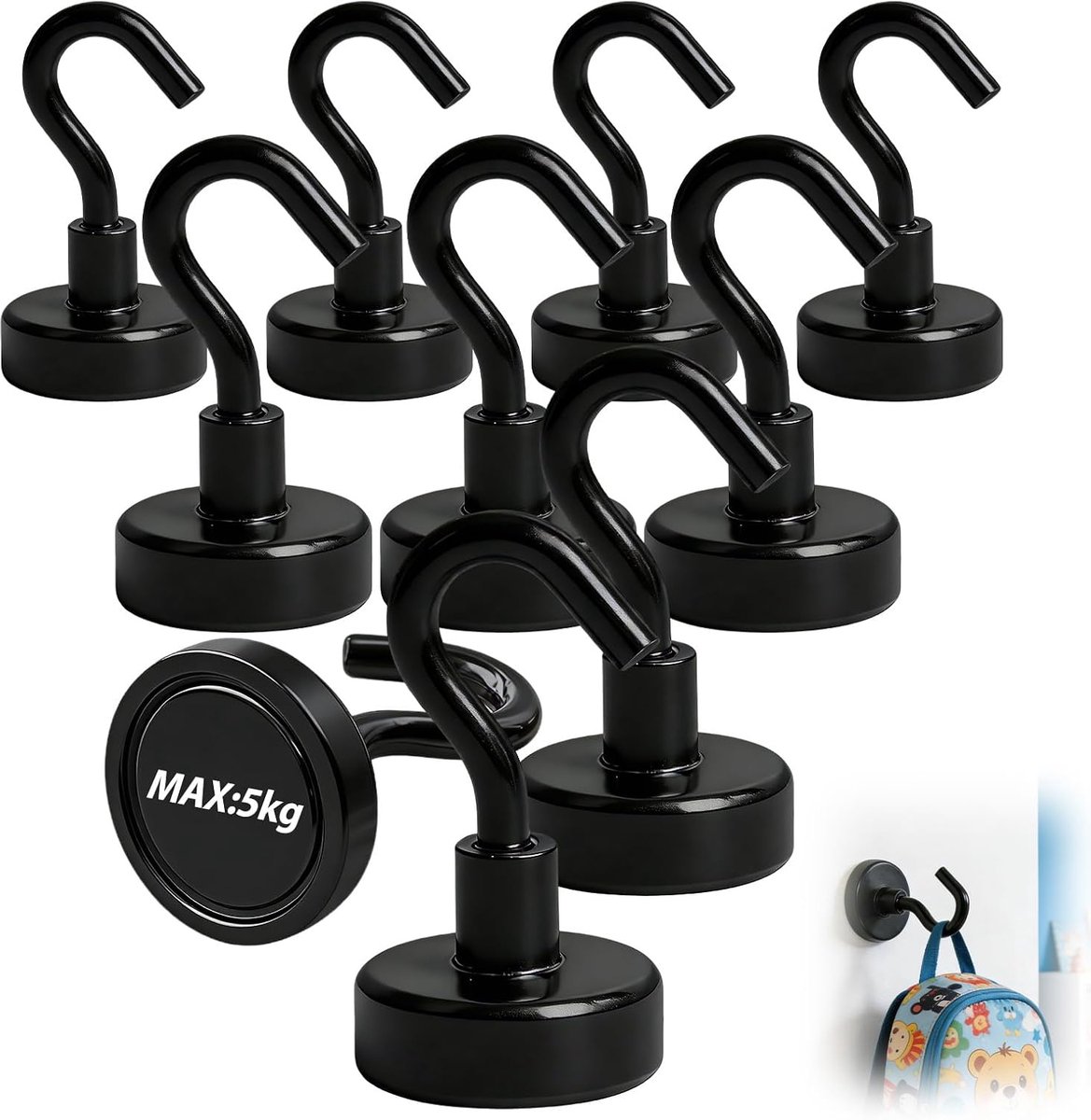 Magnetische haken, 5 kg, super kracht, magnetische haken, extra sterk, van neodymium, magnetisch, 15 mm, voor deuren, keuken, koelkast, plafond, badkamer, handdoek, zwart