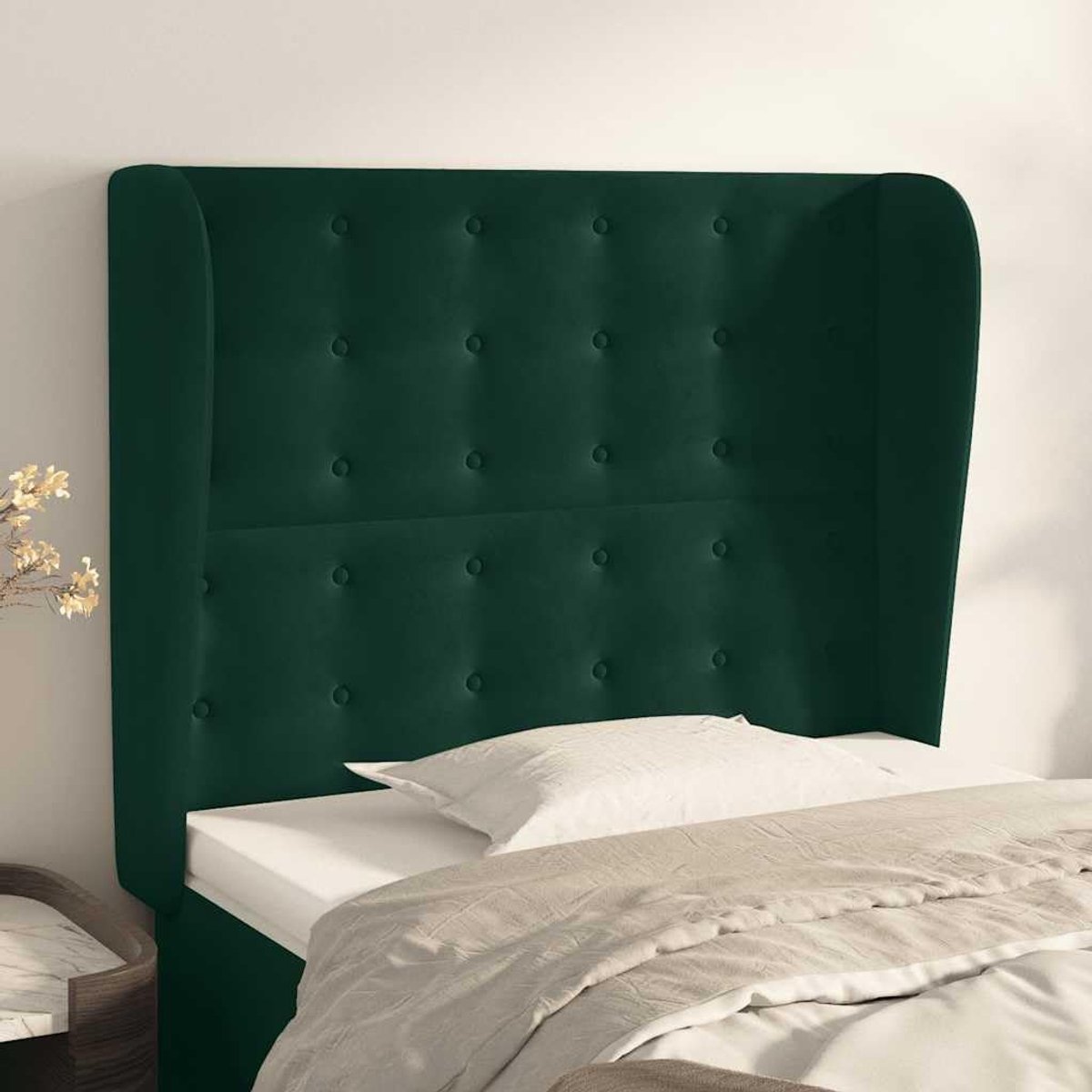 Hoofdbord met oren, donkergroen, 83 x 23 x 118/128 cm, fluwelen bedhoofdsteun, in hoogte verstelbaar, met stabiele houten poten voor stijlvol slaapkamerdesign en comfortabele ondersteuning