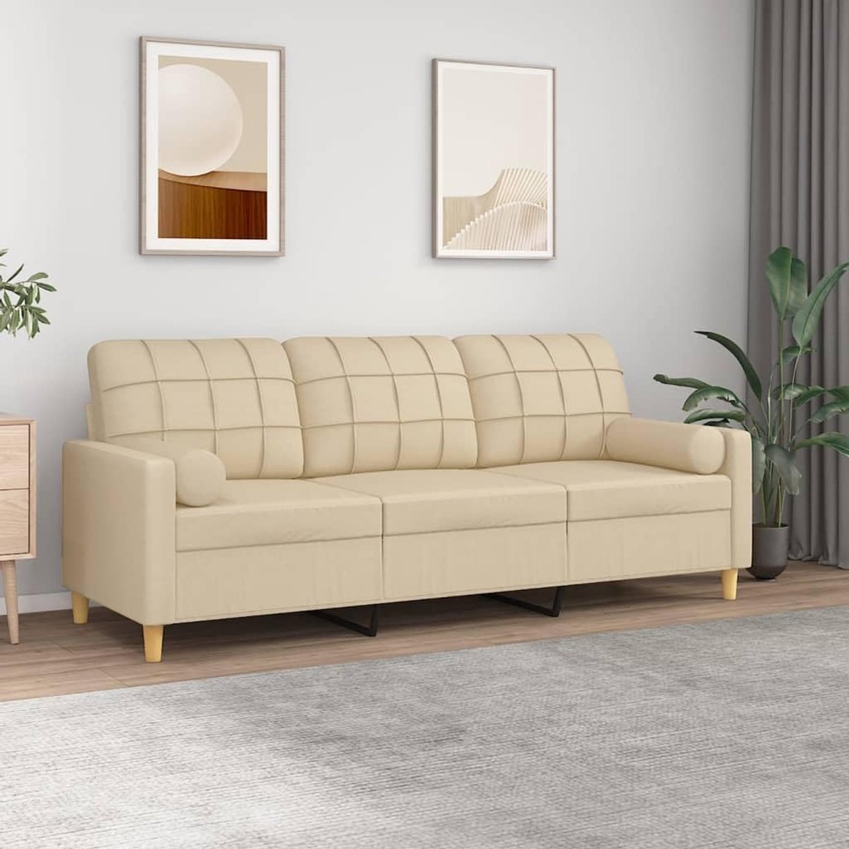 Sofa voor woonkamer, 3-zits, vierkant design, stof, crème, met 2 kussens, 198 x 77 x 80 cm, moderne bank, stoffen 3-zitsbank