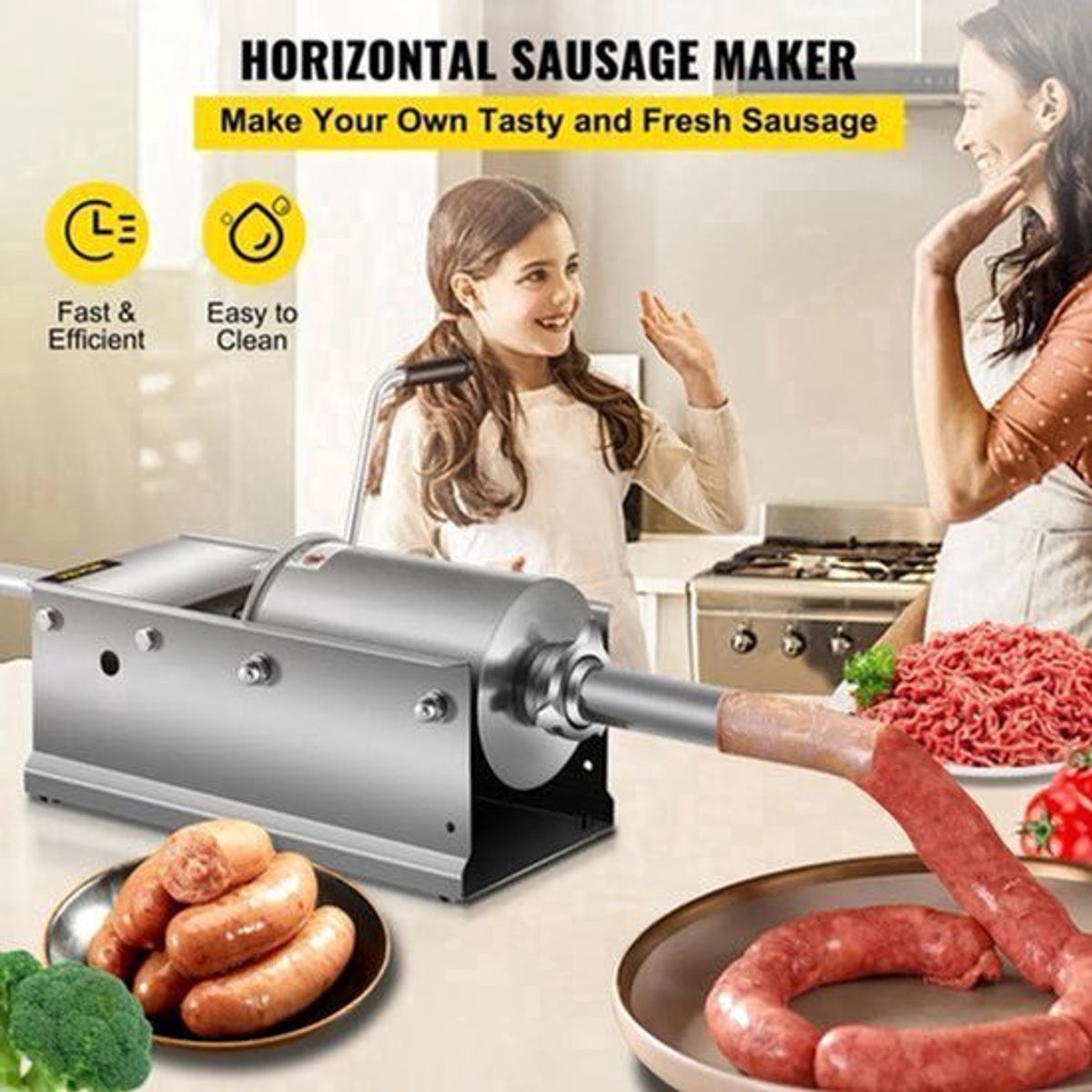 Worstenvuller – Worstenmaker - Worstmachine - Professionele 3L RVS Horizontale Worstenvuller – Handmatige Worstmaker – Inclusief 5 Vulmondstukken