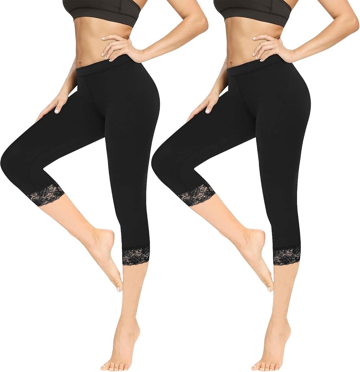 Leggings voor dames, 3/4 sportlegging van katoen, capribroek voor dames, zomer, buik, ondoorzichtig, kant, yoga, leggings, elastisch, zacht, voor sport of casual