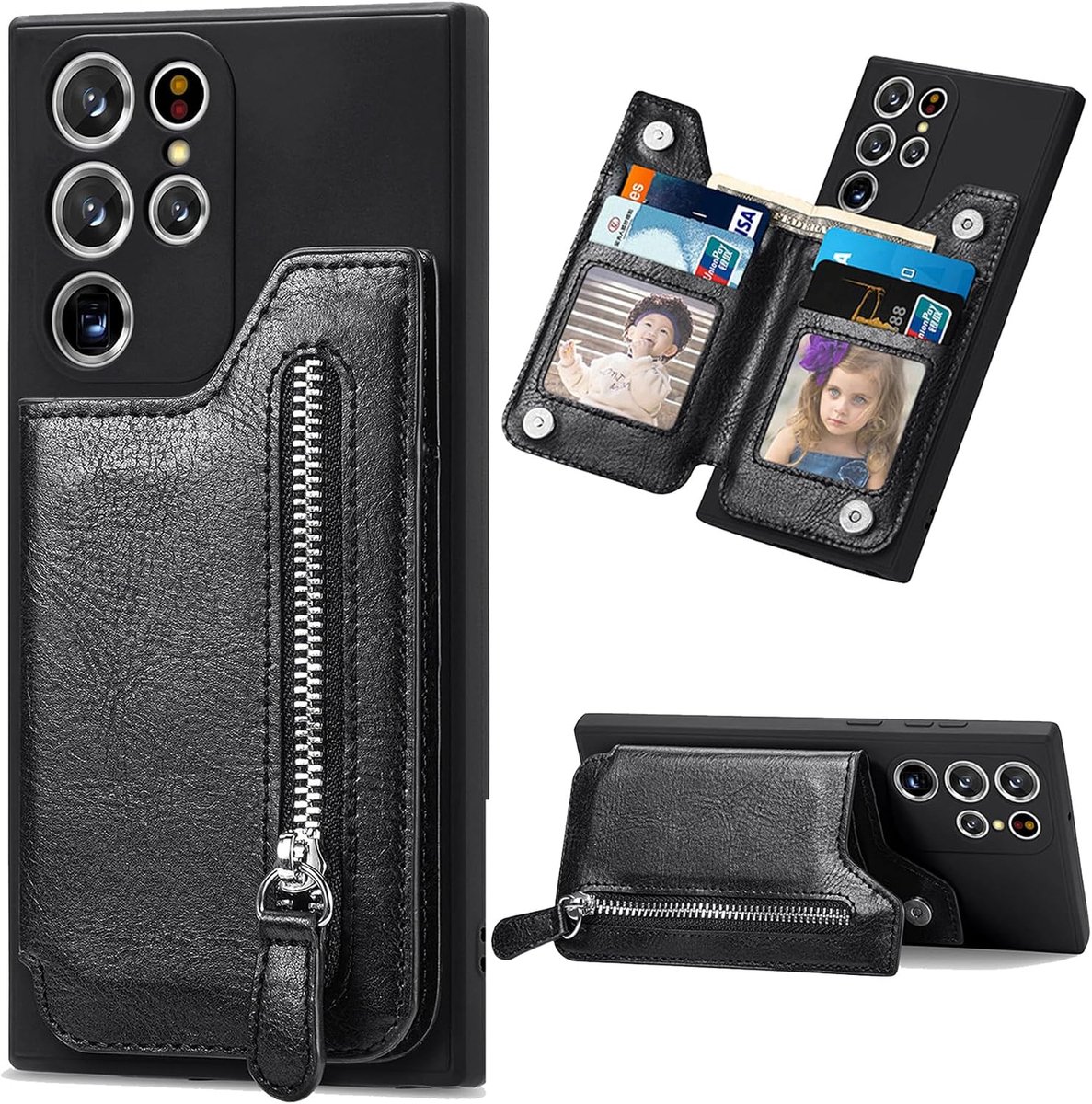 Portemonnee beschermhoes met ritssluiting voor Samsung Galaxy S25 Ultra (Not S25), PU-leren hoes, magnetische portemonnee met [kaartenvak] en standaard, stootvaste beschermhoes voor Samsung S25