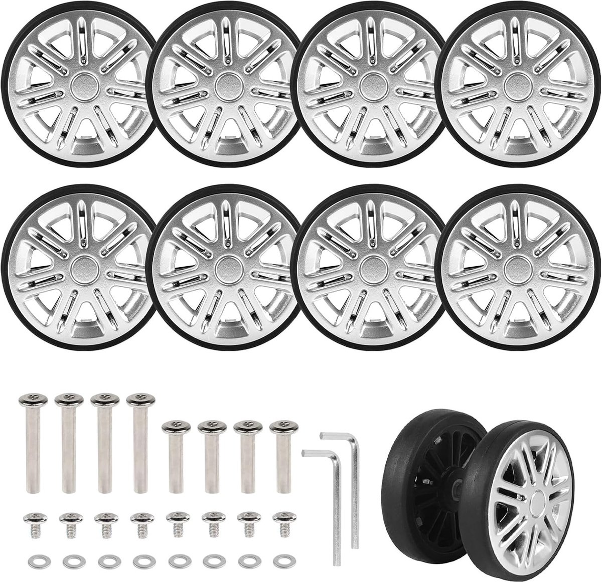 8 Stuks Vervangwielen voor Koffers 60mm x 12mm, Dubbele Rubber Wielen met Reparatieset, Ideaal voor Reisbagage en Kofferonderdelen