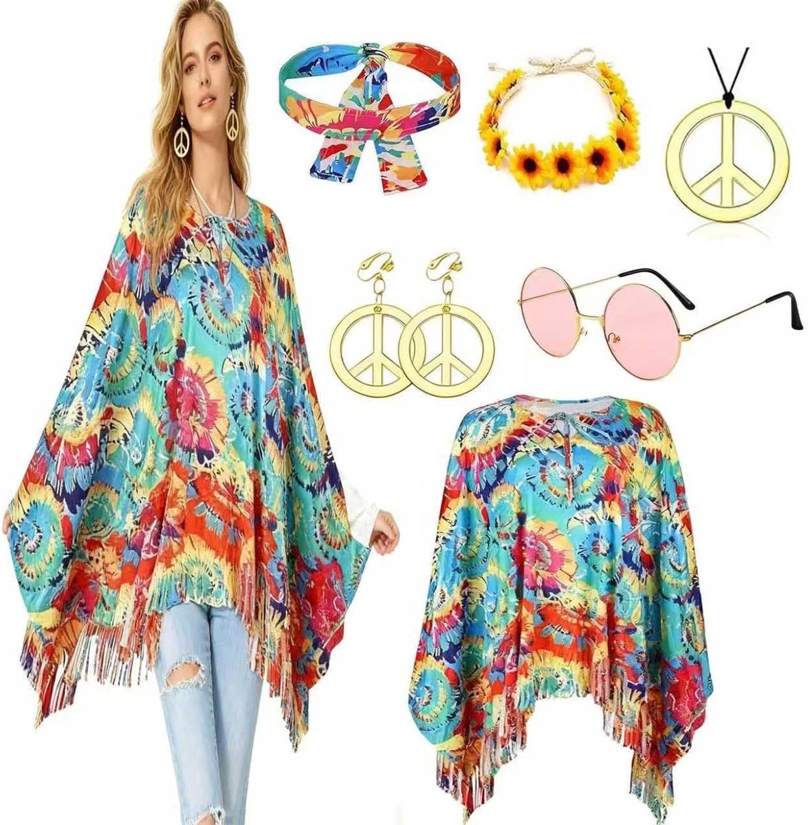 6-delige hippiekostuum voor dames, jaren '60 en 70, hippiekleding, carnavalskostuums voor dames, met poncho, hoofdbanden, accessoires, voor carnaval en modefeest