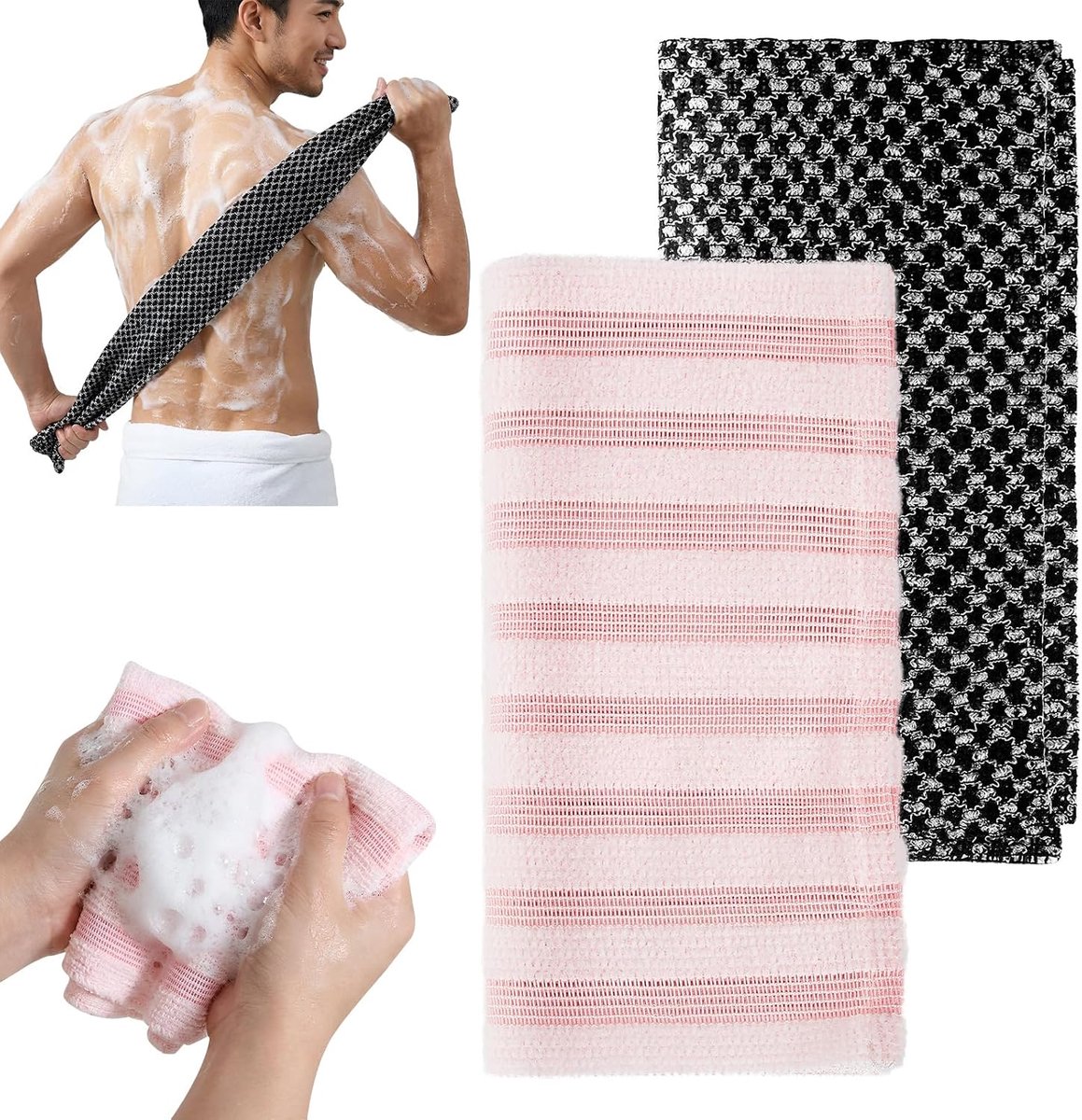 Douchehanddoek, Japanse peeling-badhanddoek, exfoliërende douchehanddoek, diepe reiniging, extra lange rug scrubber washandje, rugrubber voor mannen en vrouwen (2)