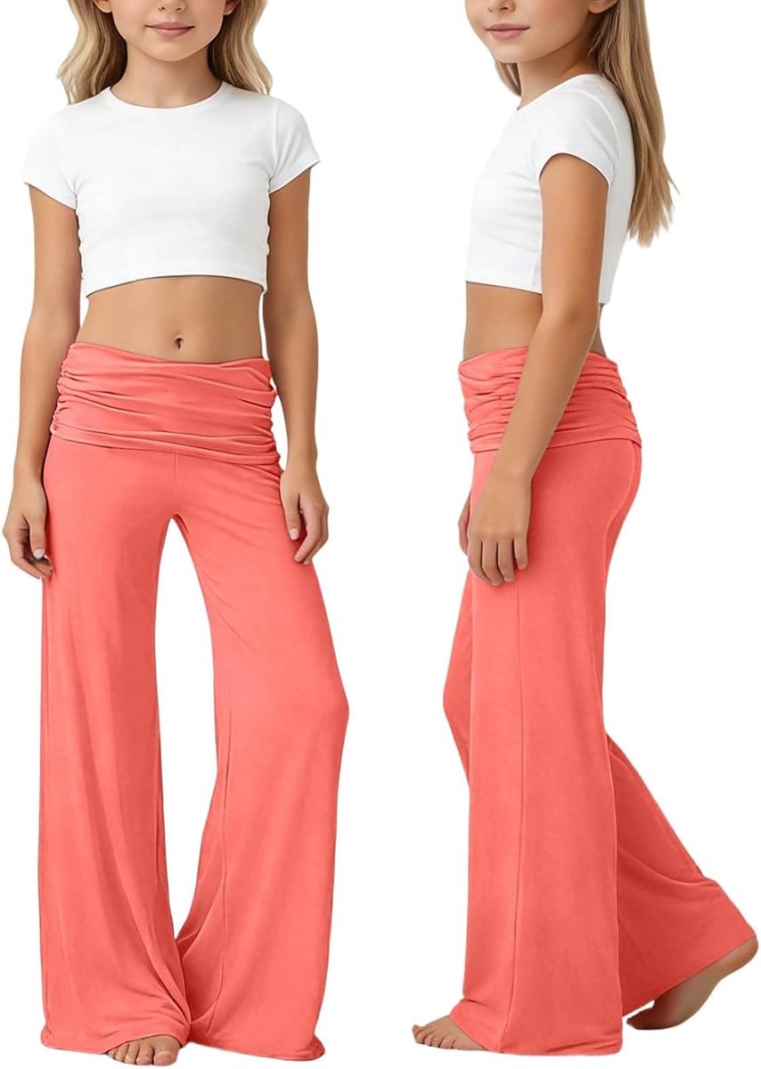 Generisch Coral Fold Over Yoga Pants Mädchen Flared Yogahose Schlagleggings Schlaghose Stretchy Palazzo Hose Bekleidungssets Sporthose Kids Jogginghose Leggings Activewear Tanz Ausgestellt Hosen