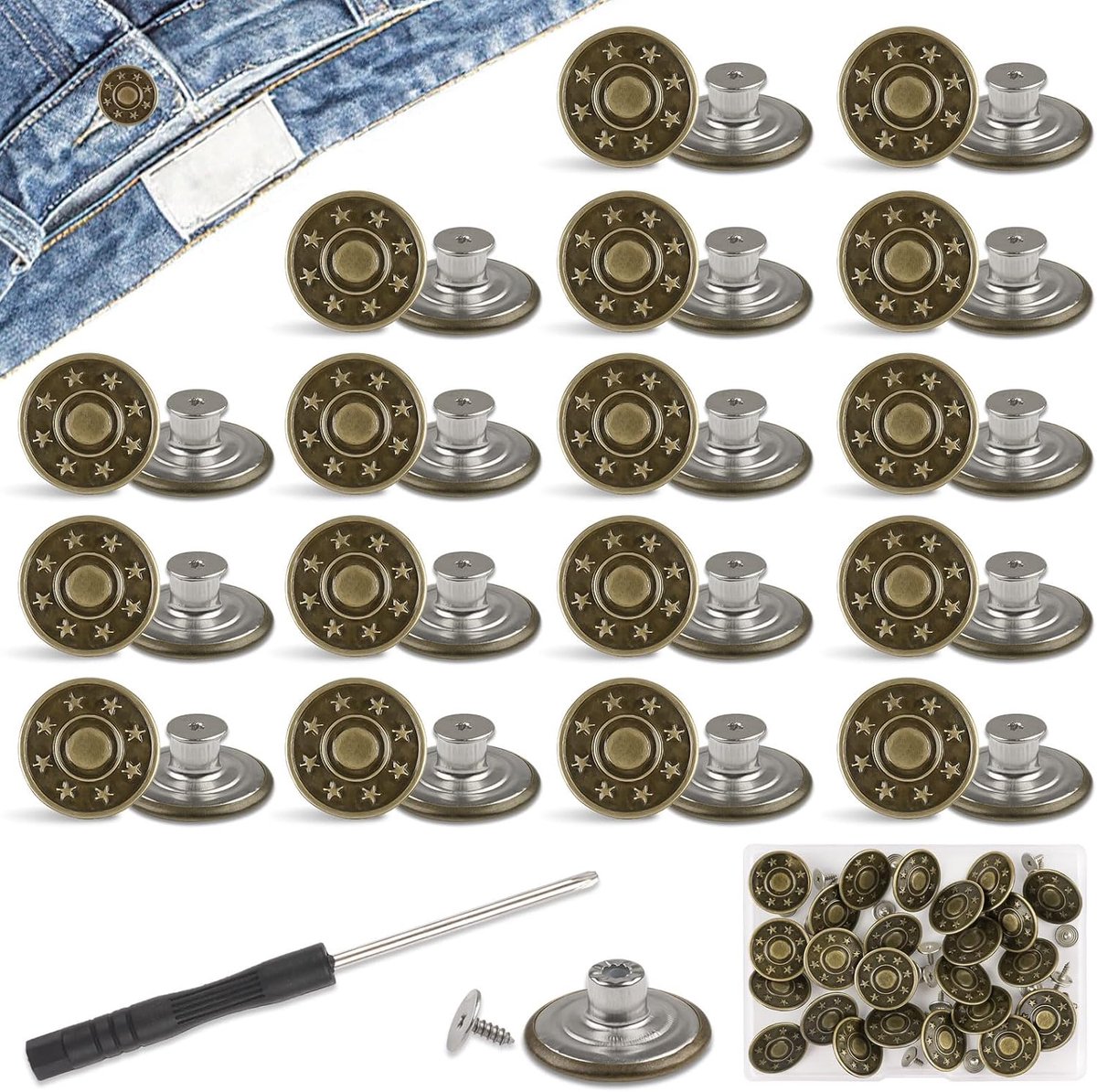 Knopen voor broeken, 24 stuks, diameter 20 mm, jeansknopen met schroevendraaier, vervangende knop, messing jeansknopen, steken voor doe-het-zelf jeansknopen voor reparatie van