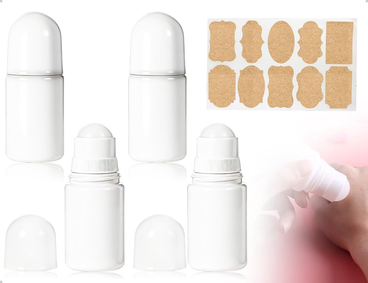 Roll-on flessen, 4 stuks, navulbare kunststof lege rollerflessen met sticker, gebruikt voor aromatherapie, geuroliën, parfum, reizen (wit, rond, 50 ml)