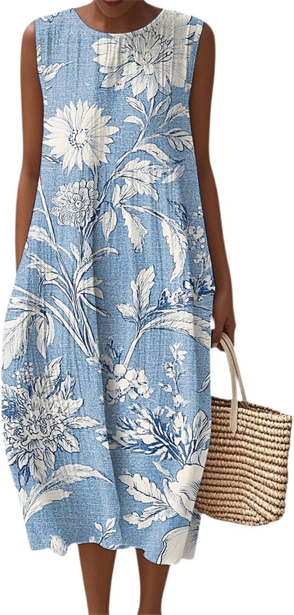 Sommerkleid Damen Elegant Ärmellos Rundhals Musselin Kleid Strandkleid Leicht Und Luftig Leinenkleider Sommer Falten Blumenmuster Kleider Locker Boho Midikleid mit Taschen Blumenkleid Freizeitkleid