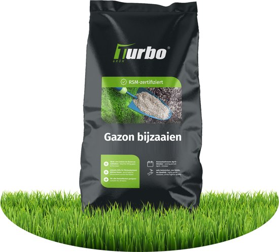 Zwarte zak met turbogrün logo, voor gazon zaaien, met afbeelding van gras en schep. Geschikt voor april-oktober.