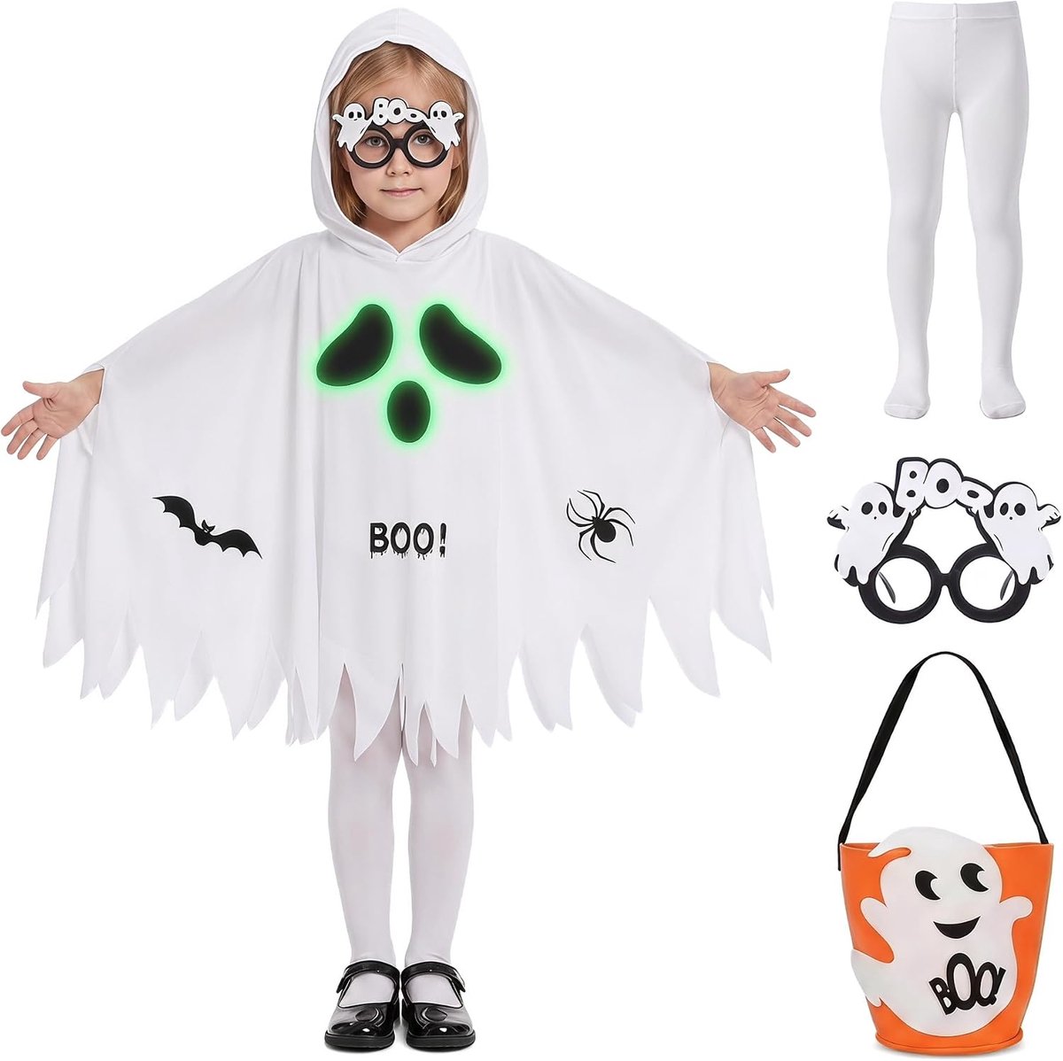 4-delig Halloween-kostuum voor kinderen, spookkostuums met pompoen, emmer, sokken, bril, lichtgevende Halloween-kostuums, Halloween-outfits, geestcape voor kinderen, jongens en meisjes, Halloween