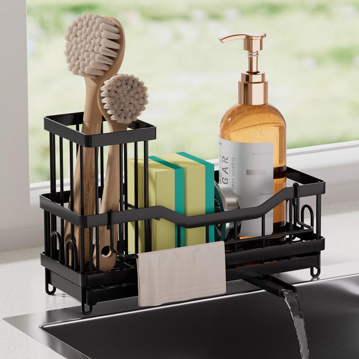Famanu – Spoelbakorganizer, keuken, sponshouder, gootsteenorganizer met vaatdoekhouder en borstelhouder, metalen gootsteenorganizer met 360° draaibare afvoer, zwart