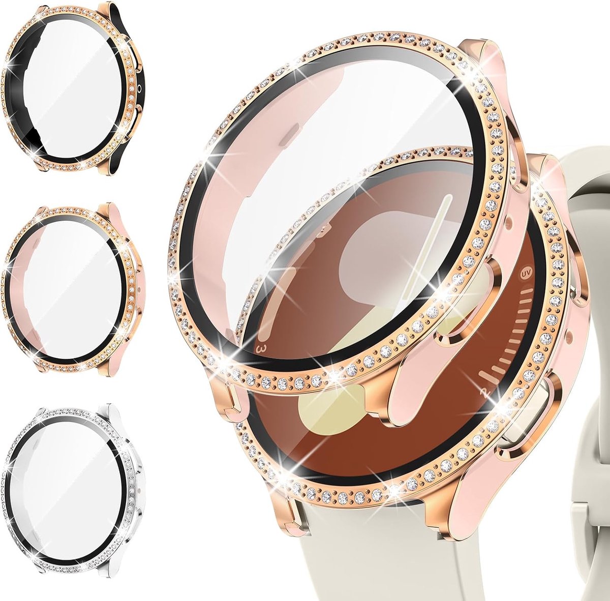[3Pack] Diamond Case voor Samsung Galaxy Watch 7 40mm, glitter hard PC Bumperhoesjes met 9H gehard glas schermbeschermer voor Galaxy Watch7 (Zwart-Rosegoud+Roze-Rosegoud+Wit-Zilver)