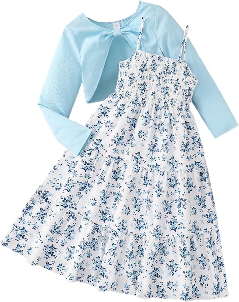 Bloemenjurk voor meisjes, met gebreide jas, 2-delige A-lijn, outfit, 7-12