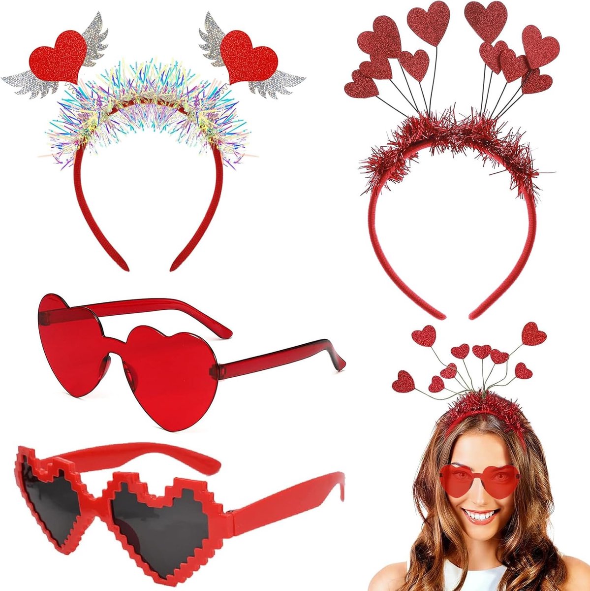 Brillen - Twee Glitterende Hartvormige Haarbanden en Twee Trendy Feestbrillen, Ideaal voor Valentijnsdagvieringen, Verjaardagen, Kostuumfeestjes