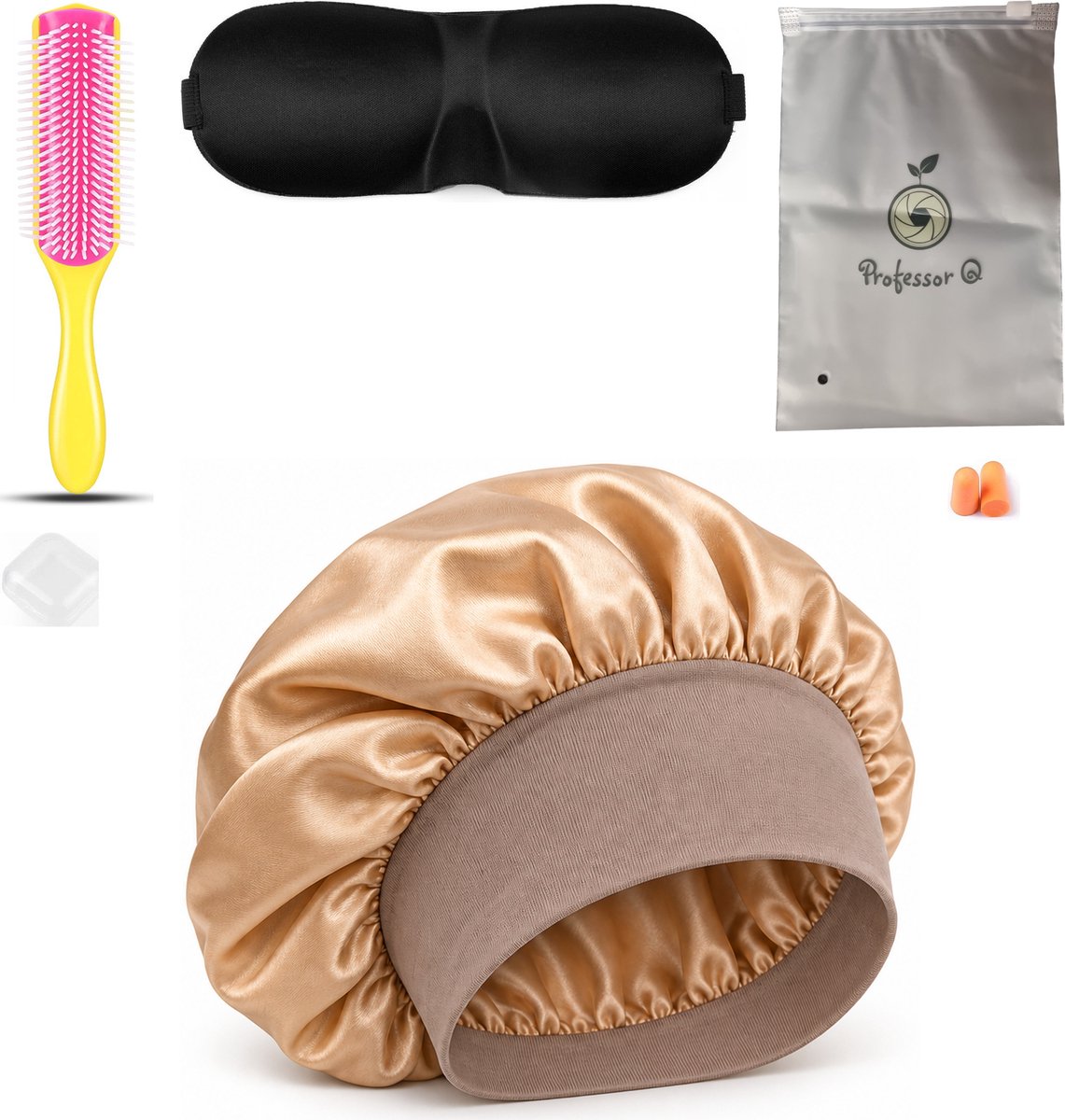 Professor Q Haarverzorgingsset - Bonnet Goud - Fusion Pink Borstel - Slaapmasker Zwart