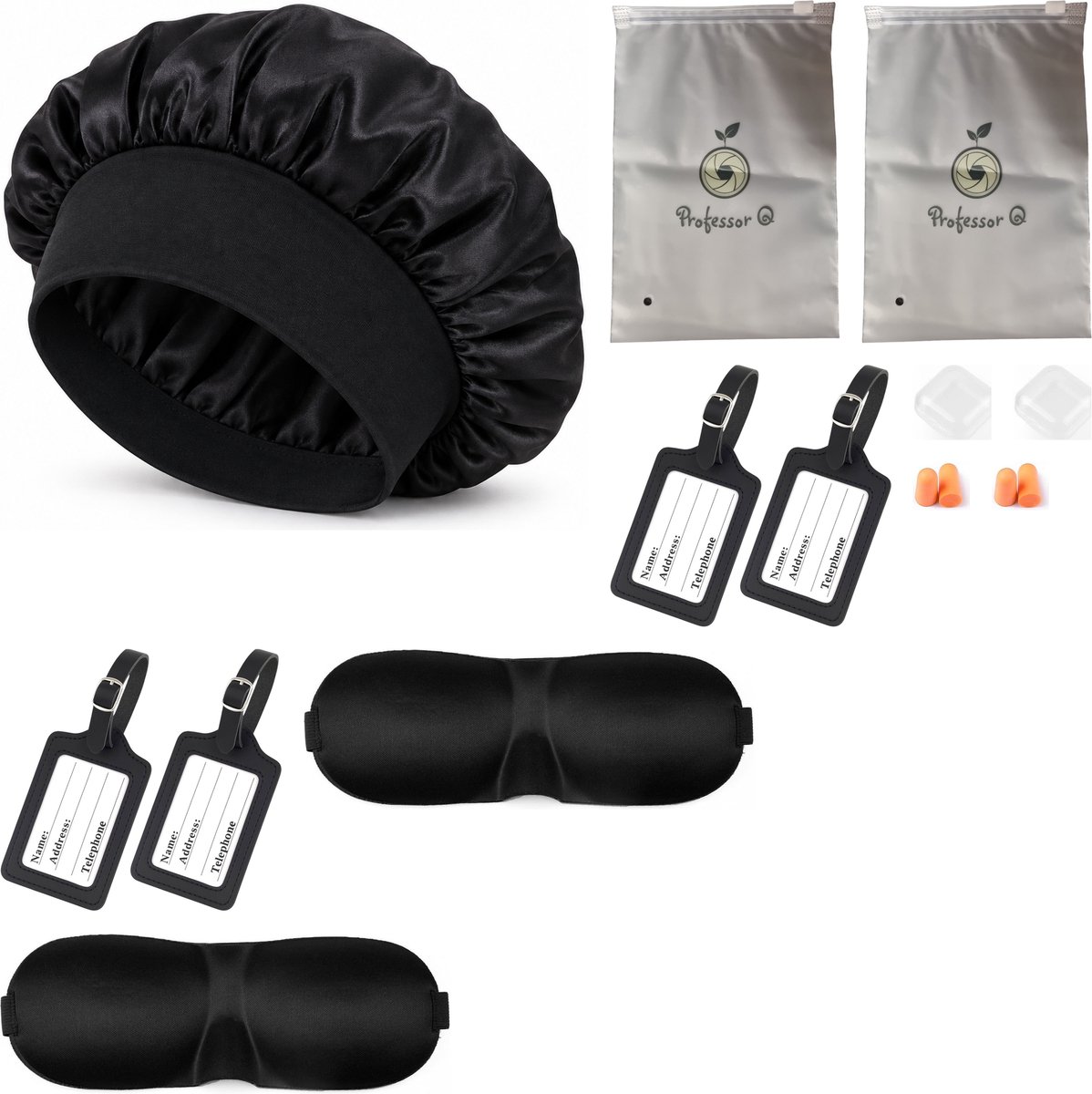 Professor Q Reisset Duo - 4 PU-Kofferlabels Zwart - 2 Slaapmasker Zwart - Bonnet Zwart