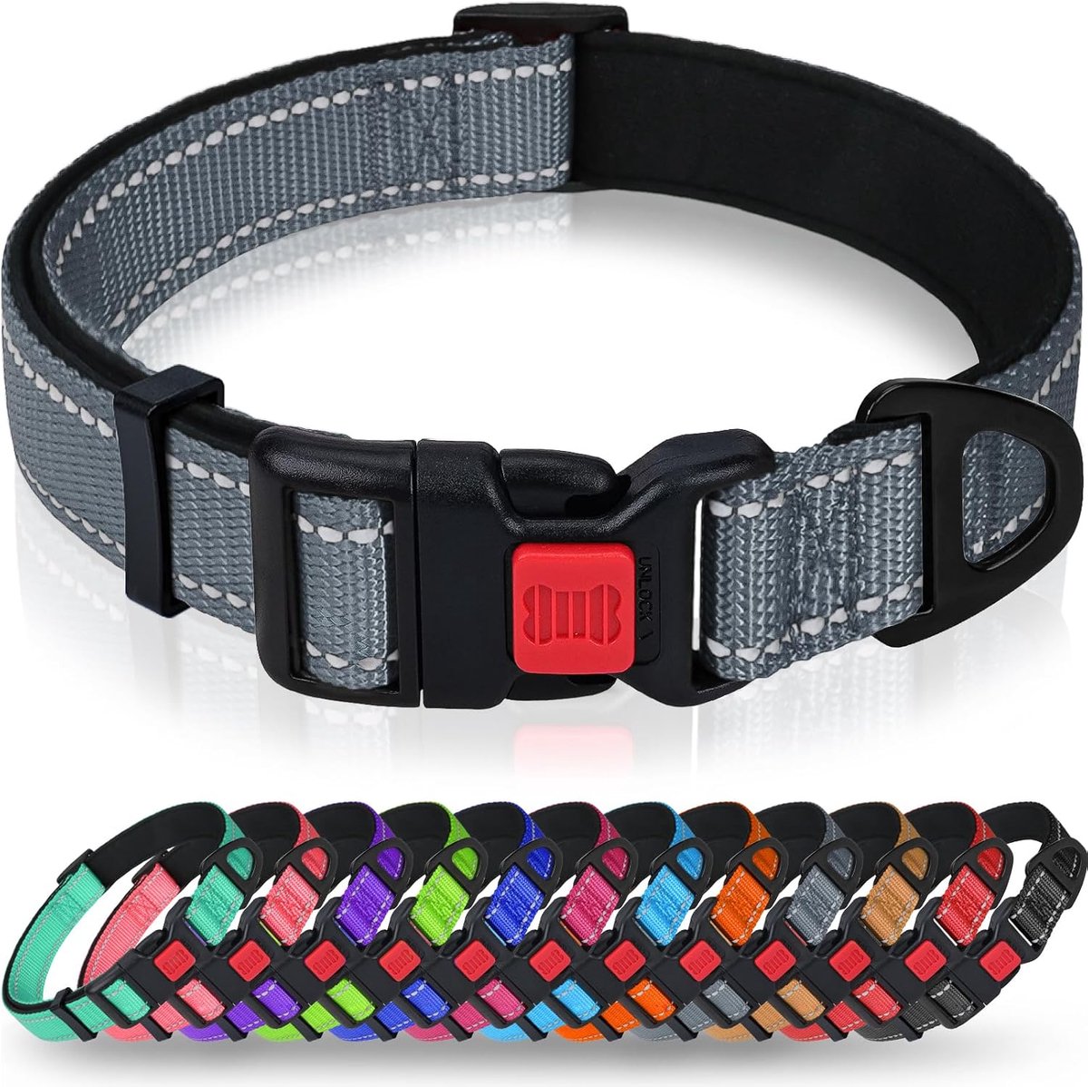 Reflecterende nylon hondenhalsband met veiligheidsgesp, verstelbare halsband, zachte neopreen voering, voor middelgrote honden, grijs
