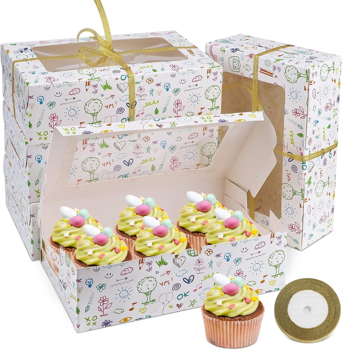 Muffinkadozen, 6 gaten, 15 stuks - taartdozen met kijkvenster - cupcakeverpakkingen, koekjes en gebak - karton met lint 22 m