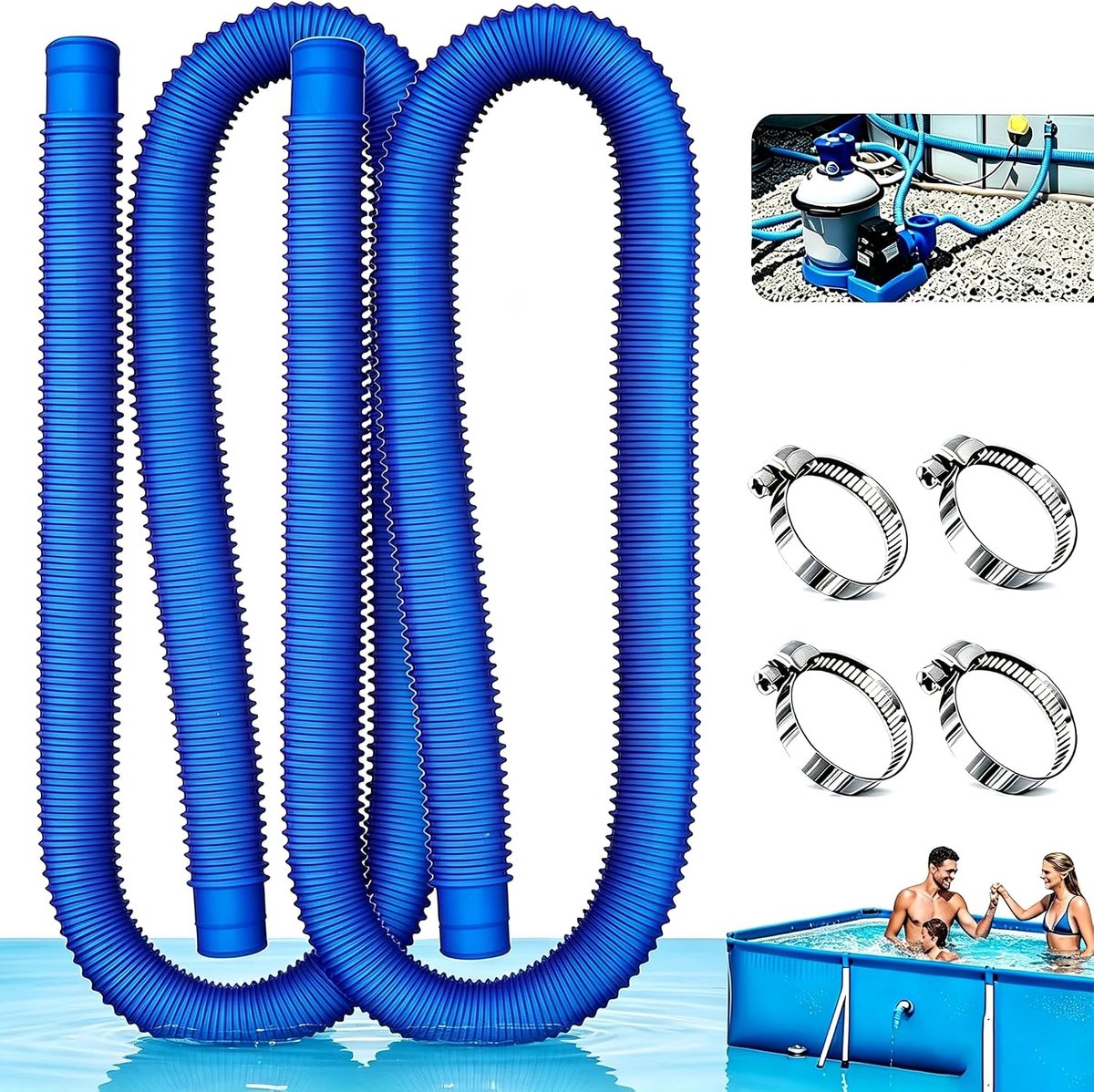 Zwembadslang 32 mm, reserveslang voor zwembad, 100 cm, reserveslang met 4 metalen klemmen voor filterpompen, aquaria, 330 GPH, 530 GPH, 1000 GPH (blauw)