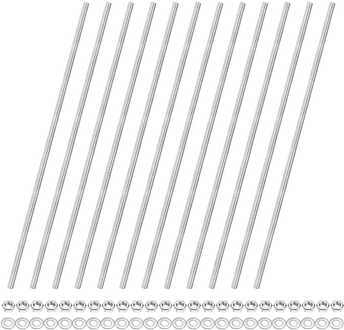 METERXITY Set van 12 massieve schroefdraadstangen, M4 x 200 mm, 201 roestvrij staal, rechtse schroefdraad, stang met zeskantmoeren en sluitringen, voor meubelankers, schroeven, U-bouten, kralen