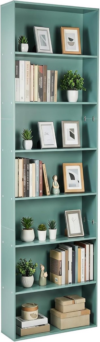 Boekenkast, 7 planken, mat, groen, smal, met wandbevestiging, kantelbescherming, natuurlijk design